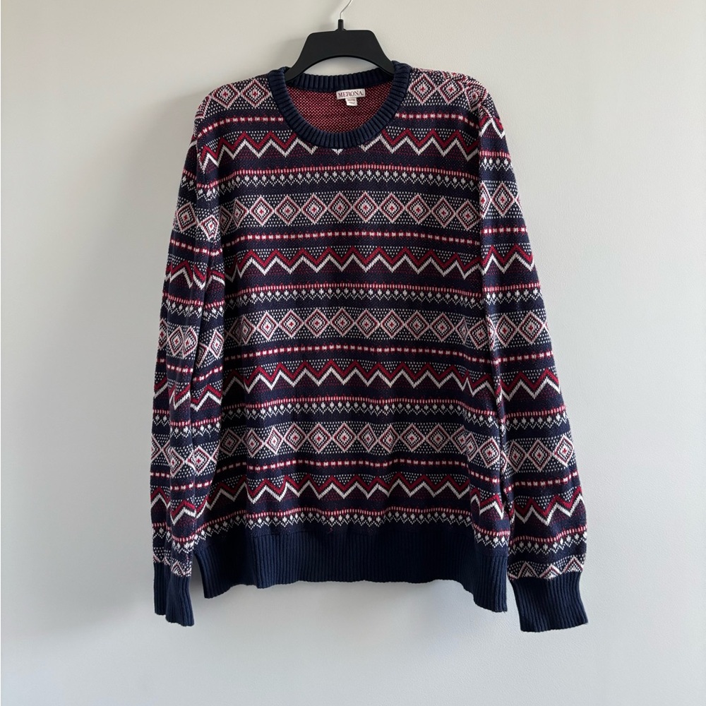 VTG Merona Sweater Fair Isle Pullover Red Blue Men XXL Grandpa Christmas Preppy